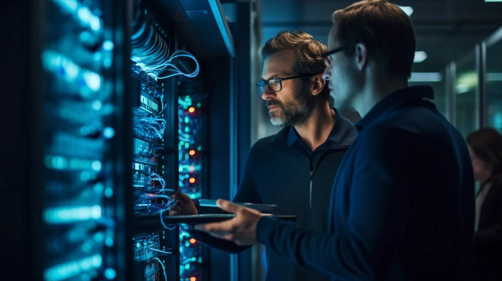 Technicien travaillant sur une baie réseau en data center